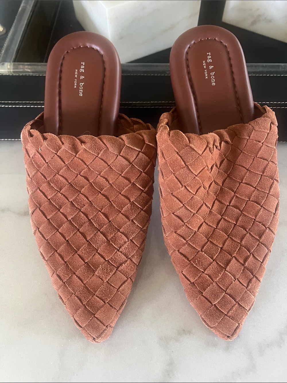rag & bone Braided Pointed Suede Mules in Rust Brown